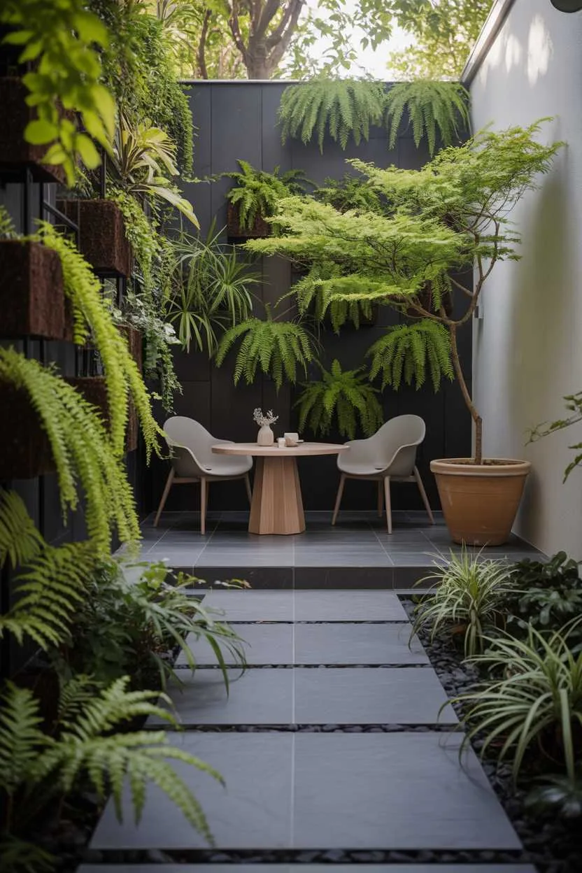 27 Small Patio Garden Ideas That Add Charm to Outdoor Spaces 18 Dark grey stone path leading to light wood table and modern chairs, vertical fern wall, Japanese maple in terracotta pot