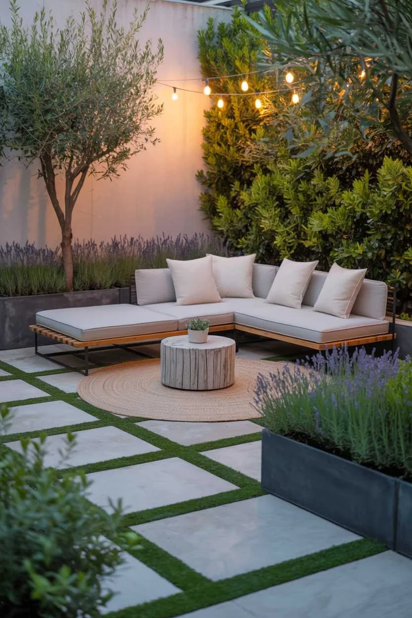 27 Small Patio Garden Ideas That Add Charm to Outdoor Spaces 19 Grey sectional sofa with cream cushions on patterned concrete, circular reclaimed wood coffee table, potted olive trees