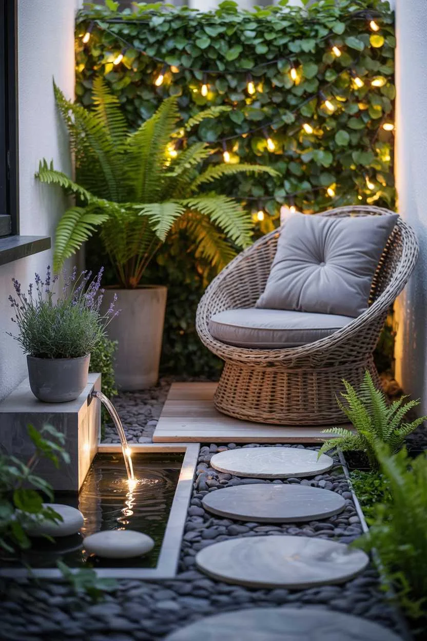 27 Small Patio Garden Ideas That Add Charm to Outdoor Spaces 20 Wicker chair with grey cushions, stone pathway to minimalist fountain, lush ferns and lavender under string lights