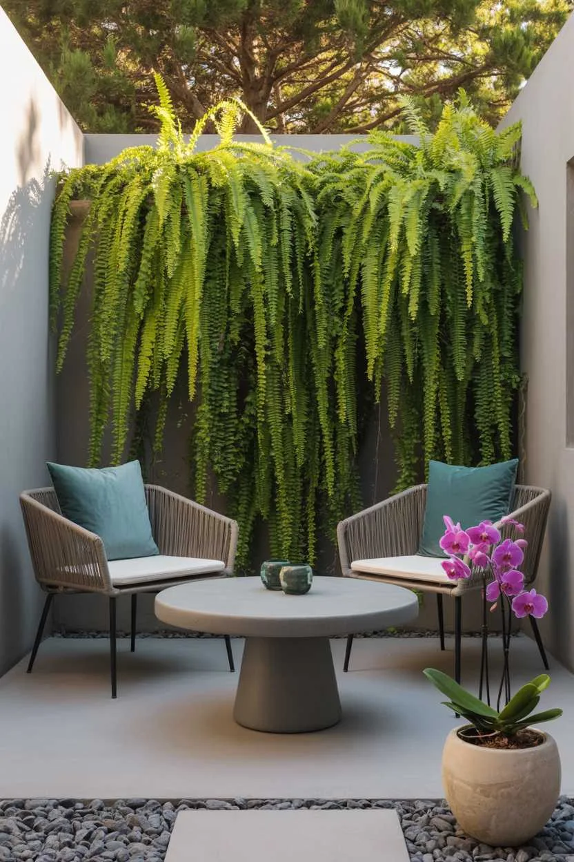 27 Small Patio Garden Ideas That Add Charm to Outdoor Spaces 21 Gray concrete table with modern wicker chairs and teal pillows, vertical fern wall, purple orchid in ceramic pot