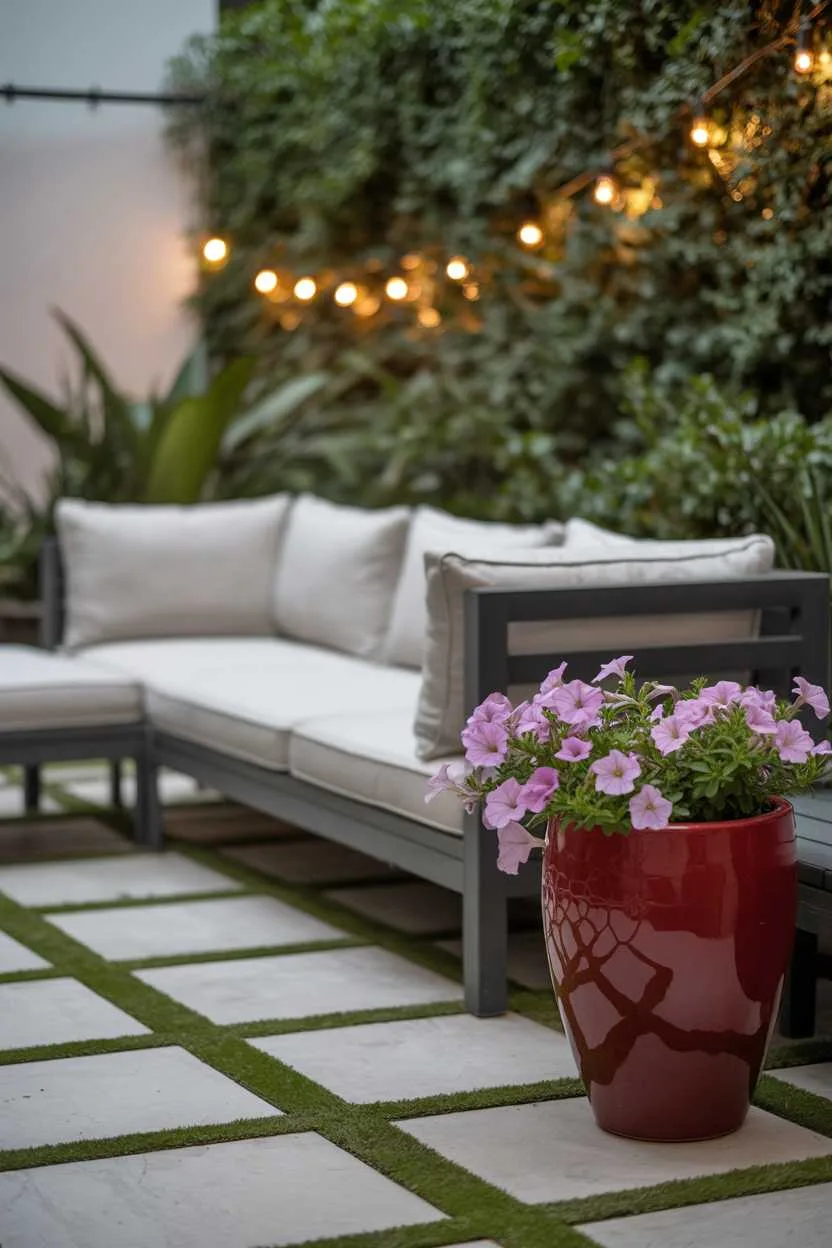 27 Small Patio Garden Ideas That Add Charm to Outdoor Spaces 22 Charcoal grey sectional with cream cushions on geometric concrete pavers, red ceramic planter with cascading petunias