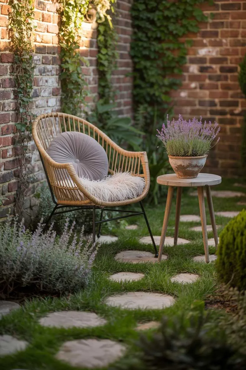 27 Small Patio Garden Ideas That Add Charm to Outdoor Spaces 23 Weathered stone pathway through lush greenery, wicker chair with grey cushion, wooden table with purple lavender pot