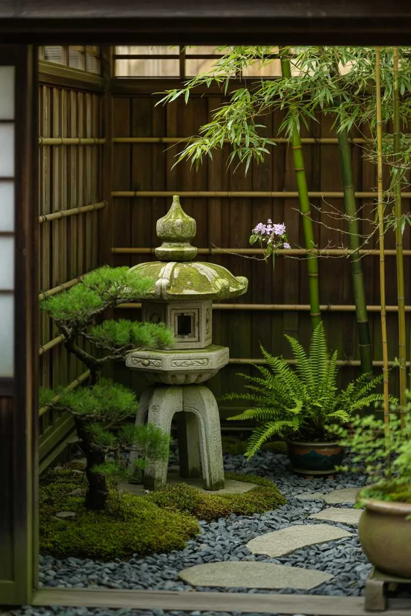 27 Small Patio Garden Ideas That Add Charm to Outdoor Spaces 24 Moss-covered stone lantern surrounded by bamboo, raked gravel path, bonsai trees, traditional wooden fence