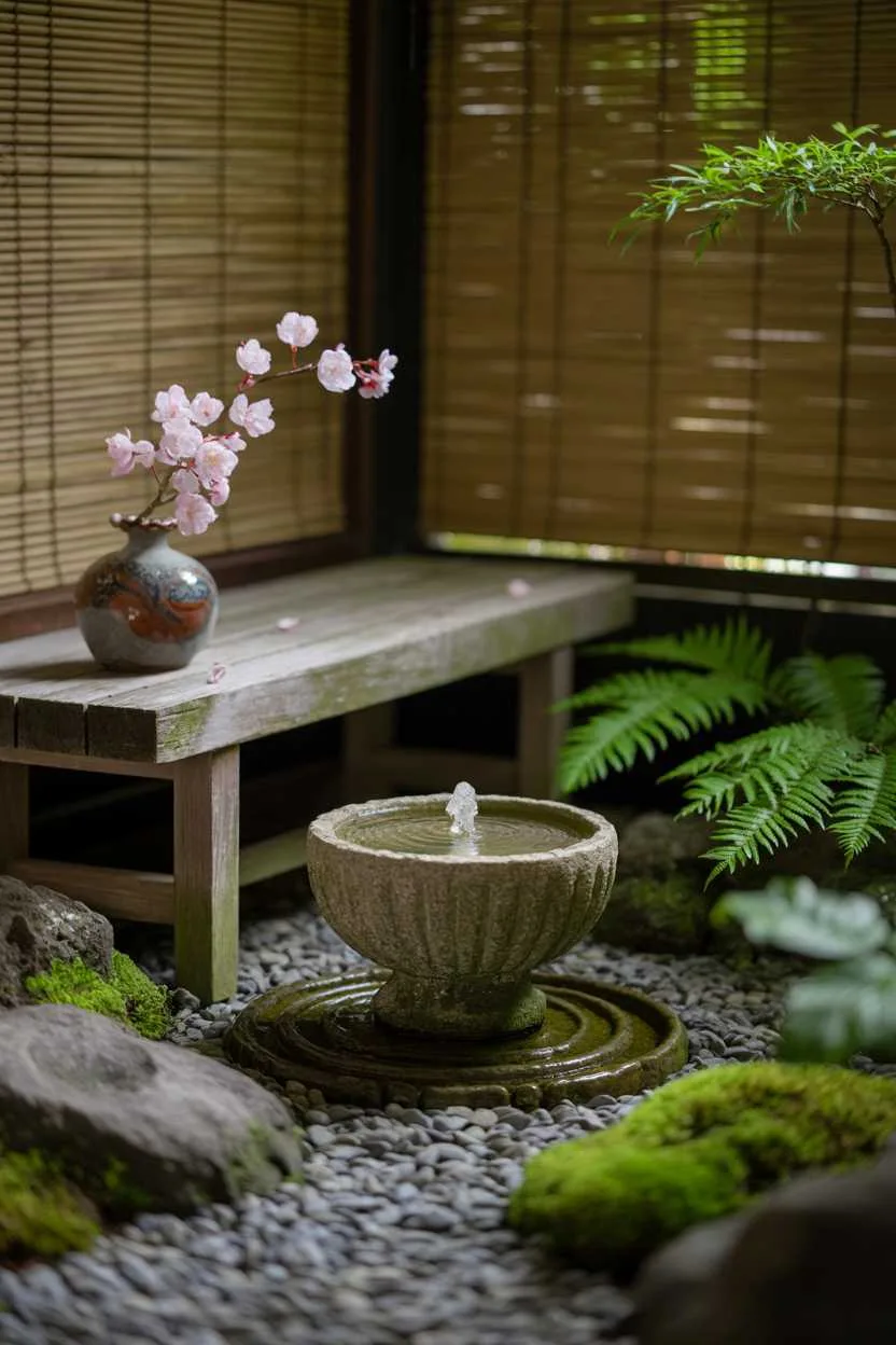 27 Small Patio Garden Ideas That Add Charm to Outdoor Spaces 25 Small stone fountain with wooden bench, sakura blossom arrangement, moss-covered rocks, raked gravel path