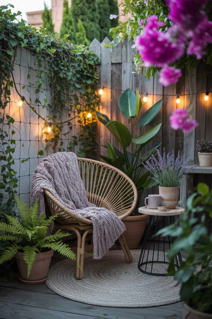 27 Small Patio Garden Ideas That Add Charm to Outdoor Spaces 26 Rattan chair with knitted throw and ceramic mug, jasmine-covered trellis with string lights, trailing ivy and bougainvillea