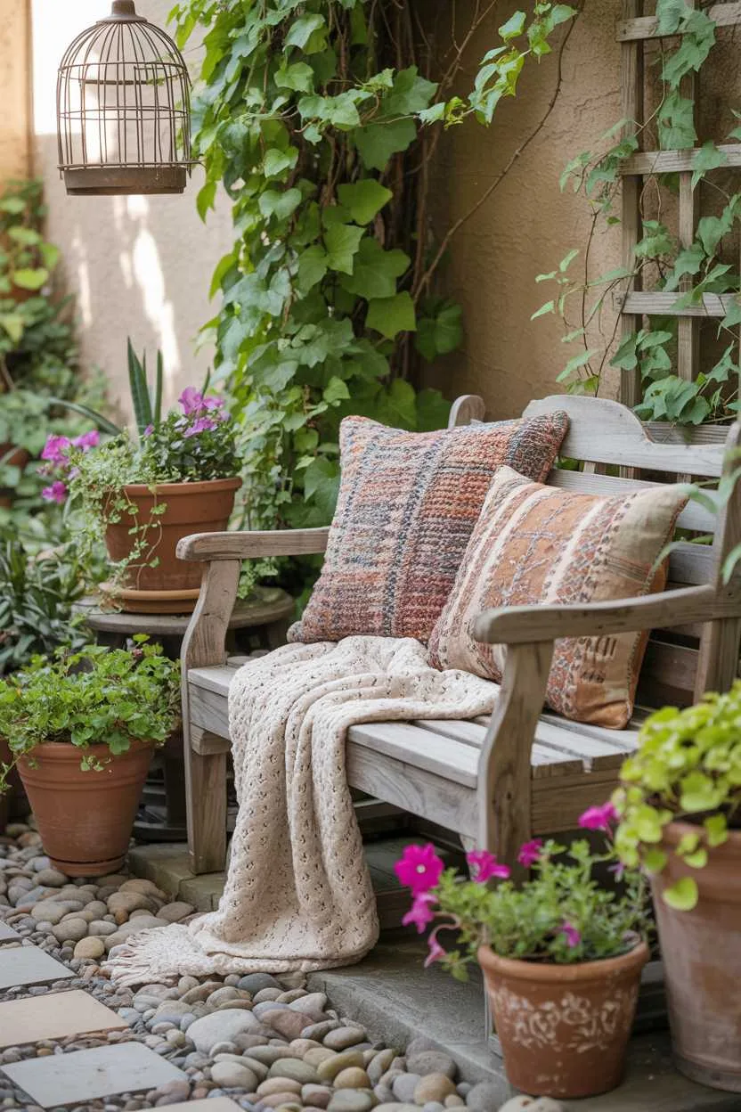 27 Small Patio Garden Ideas That Add Charm to Outdoor Spaces 27 Weathered wooden bench with patterned earth-tone pillows, trailing ivy and petunias in terracotta pots, vintage birdcage