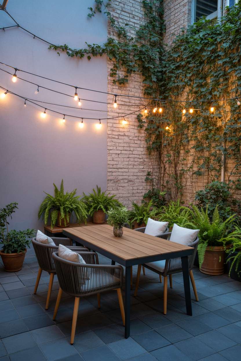 23 Stylish Small Patio Ideas for Cozy Outdoor Vibes 1 Modern minimalist patio with acacia wood dining table and woven chairs surrounded by terracotta planters and fairy lights