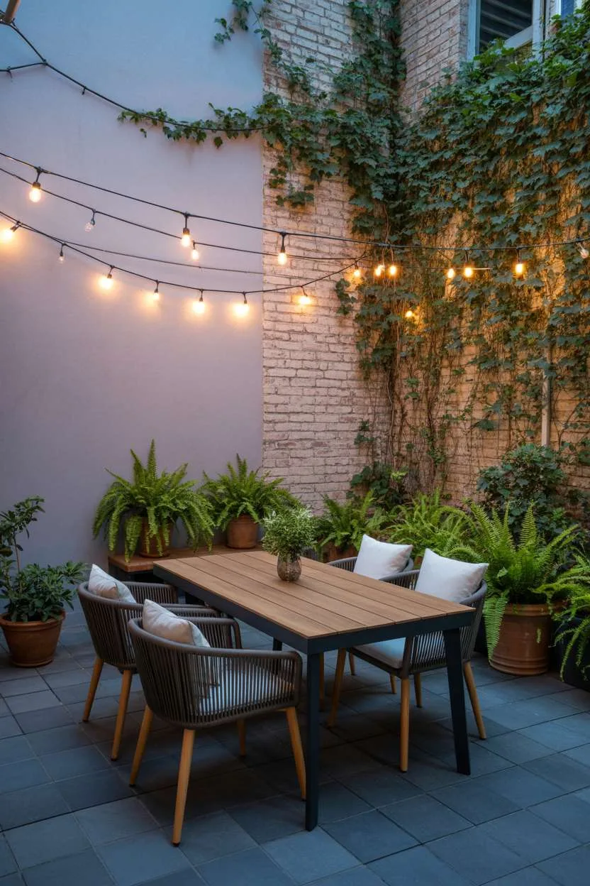 23 Stylish Small Patio Ideas for Cozy Outdoor Vibes 1 Modern minimalist patio with acacia wood dining table and woven chairs surrounded by terracotta planters and fairy lights
