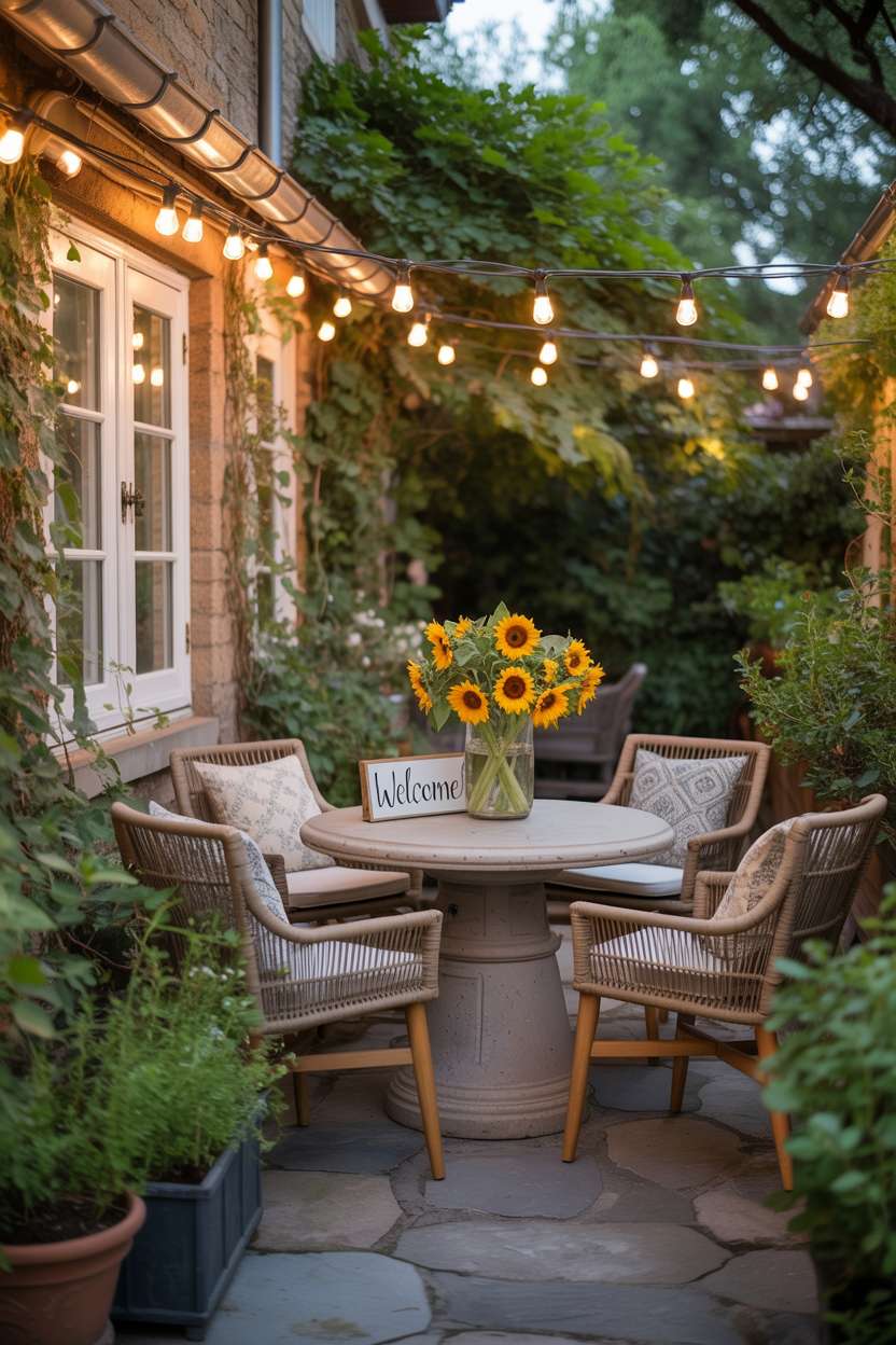 23 Stylish Small Patio Ideas for Cozy Outdoor Vibes 2 Rustic patio featuring circular stone table with sunflowers, woven chairs, and climbing ivy backdrop