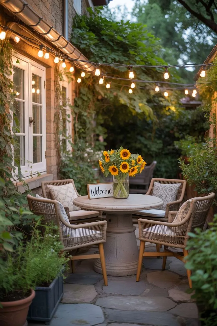 23 Stylish Small Patio Ideas for Cozy Outdoor Vibes 2 Rustic patio featuring circular stone table with sunflowers, woven chairs, and climbing ivy backdrop