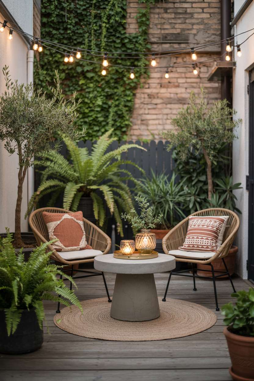23 Stylish Small Patio Ideas for Cozy Outdoor Vibes 3 Modern bohemian patio with concrete table, rattan chairs, and lush potted plants creating an urban oasis