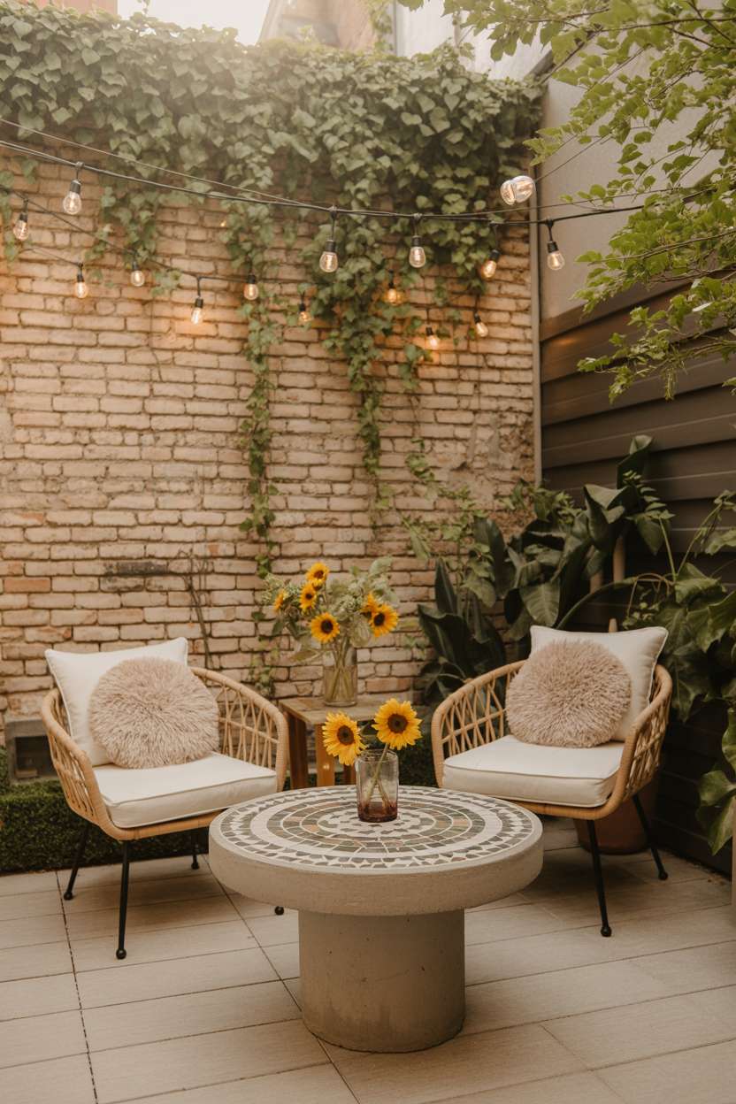 23 Stylish Small Patio Ideas for Cozy Outdoor Vibes 4 Bohemian patio with mosaic tile table surrounded by rattan furniture and cascading ivy