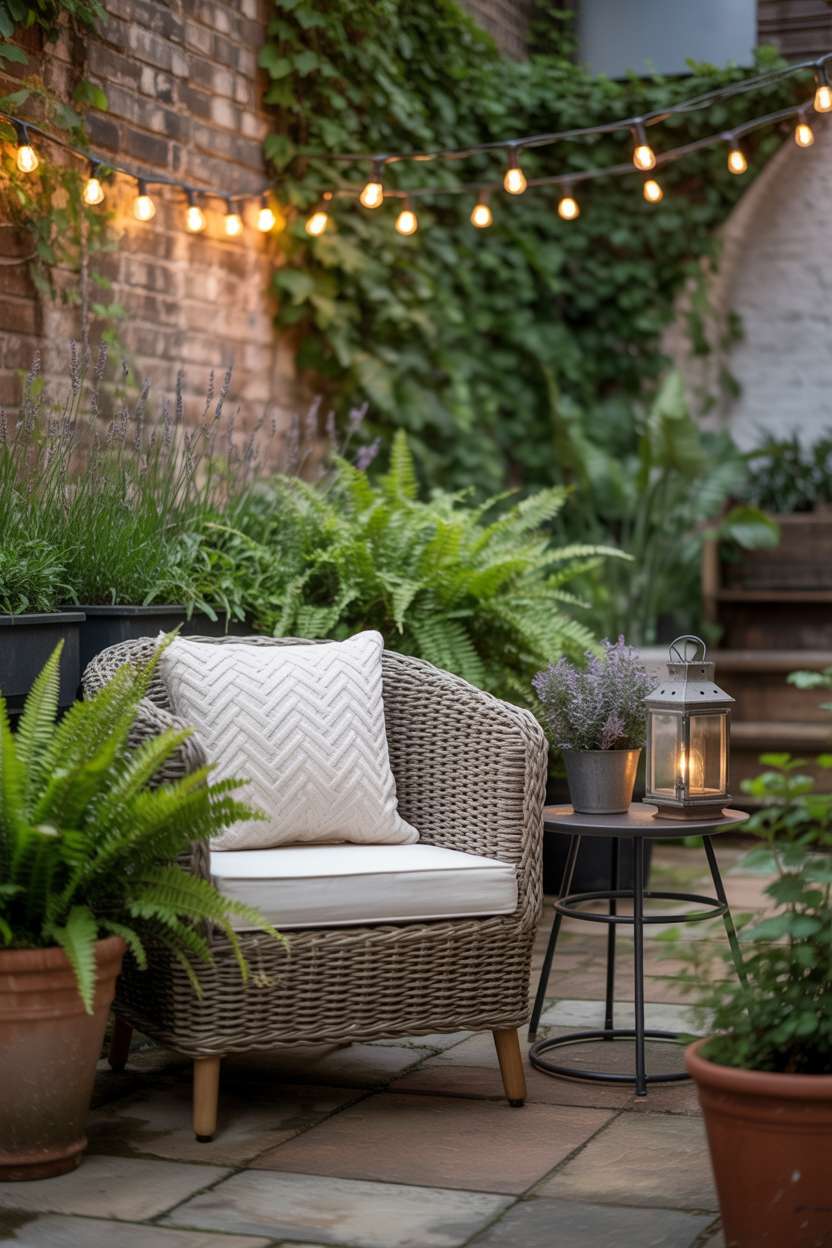 23 Stylish Small Patio Ideas for Cozy Outdoor Vibes 5 Single rattan armchair on stone patio with vintage lantern and surrounding ferns and lavender