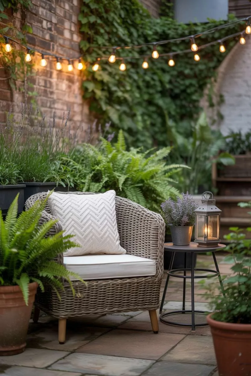 23 Stylish Small Patio Ideas for Cozy Outdoor Vibes 5 Single rattan armchair on stone patio with vintage lantern and surrounding ferns and lavender
