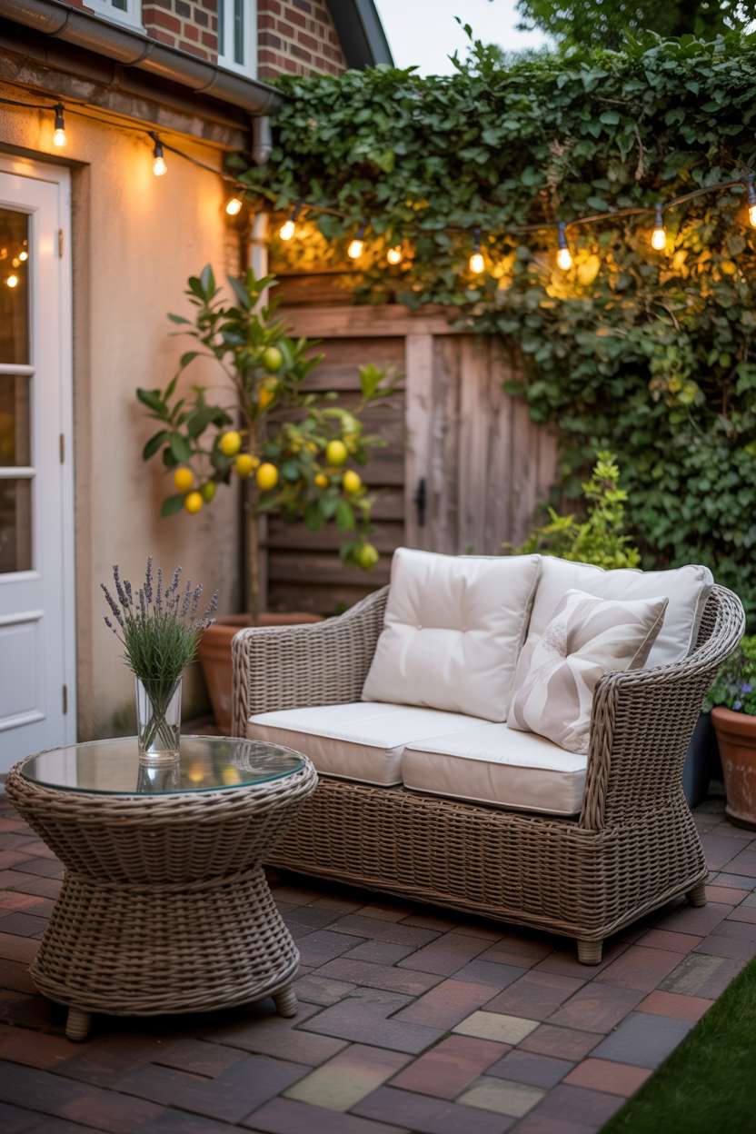 23 Stylish Small Patio Ideas for Cozy Outdoor Vibes 6 Wicker loveseat with cream cushions next to glass table and potted lemon tree on brick patio