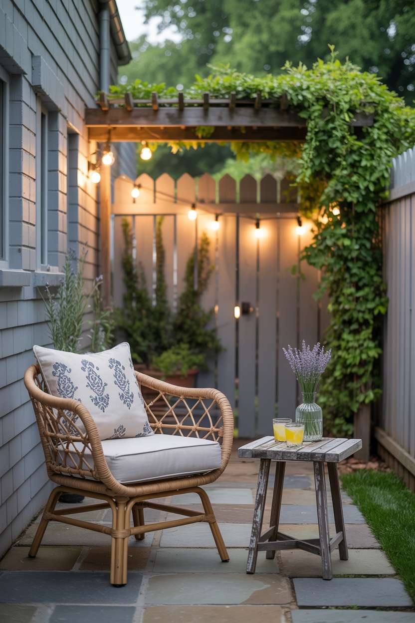 23 Stylish Small Patio Ideas for Cozy Outdoor Vibes 7 Rattan chair with patterned cushions under jasmine-covered pergola with string lights