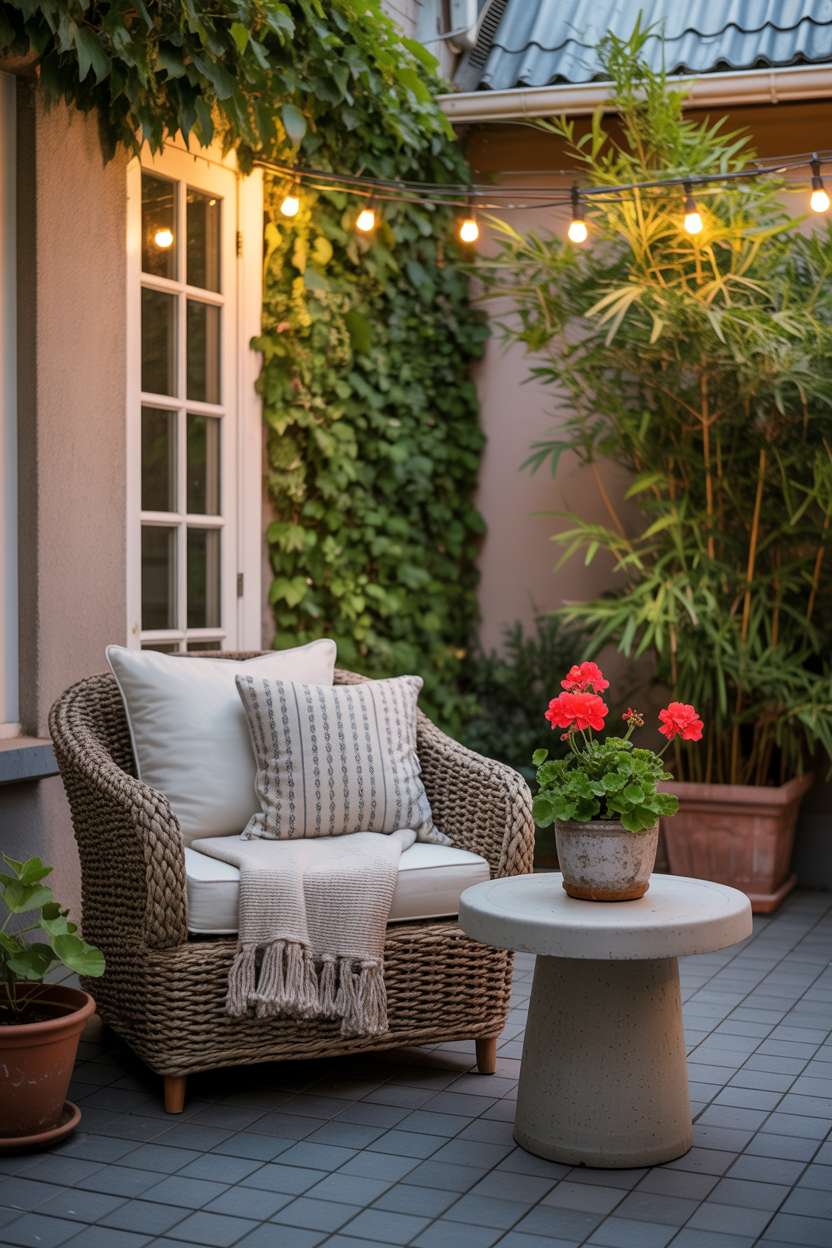 23 Stylish Small Patio Ideas for Cozy Outdoor Vibes 8 Large woven armchair with throw pillows and blanket on dark tile patio with red geraniums
