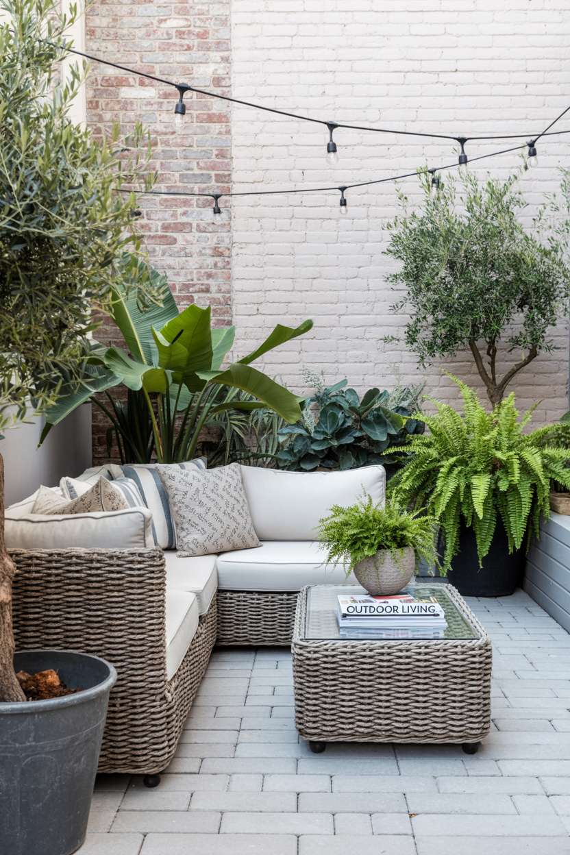 23 Stylish Small Patio Ideas for Cozy Outdoor Vibes 9 Rattan sectional sofa with patterned pillows and glass coffee table surrounded by olive trees and ferns