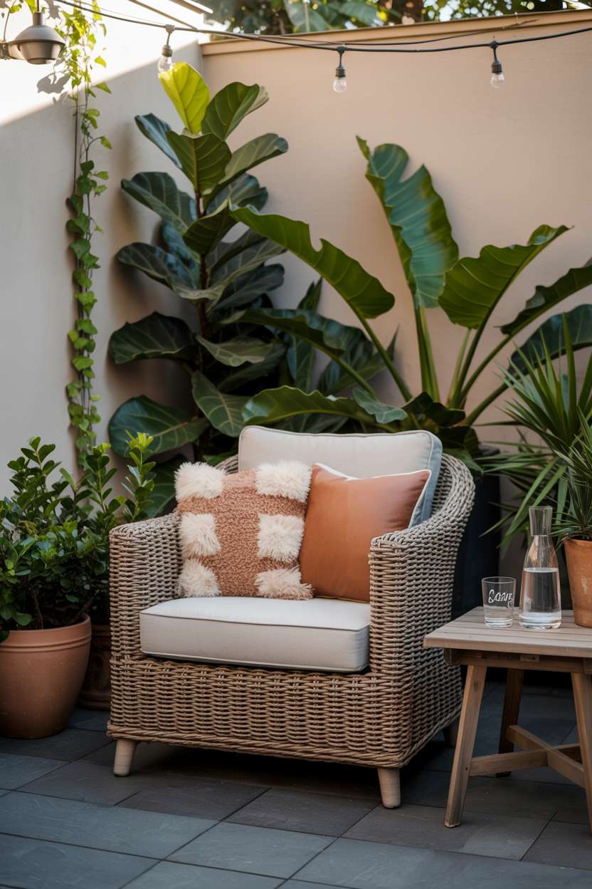 23 Stylish Small Patio Ideas for Cozy Outdoor Vibes 10 Single rattan armchair with terracotta pillows flanked by fiddle-leaf fig and ivy on stone patio