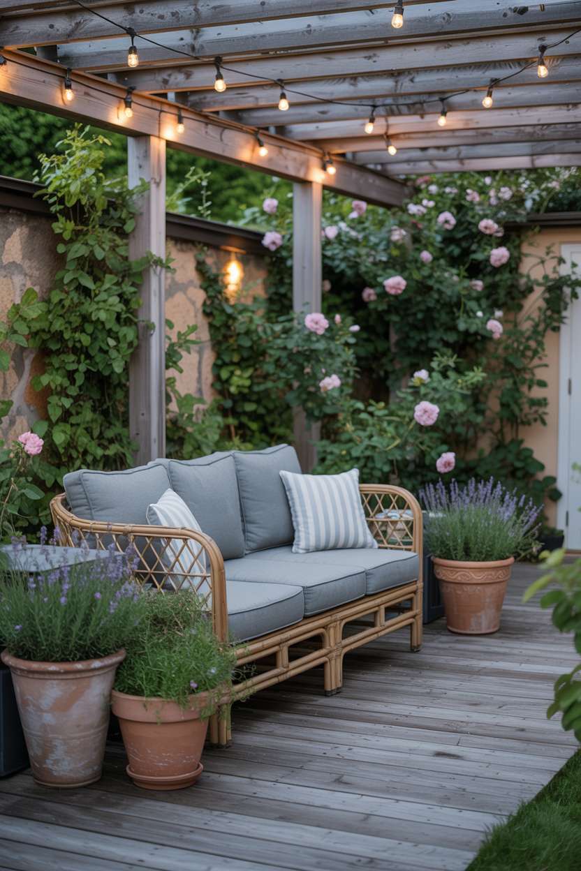23 Stylish Small Patio Ideas for Cozy Outdoor Vibes 11 Rattan sofa with gray cushions on wooden deck surrounded by lavender pots and climbing roses