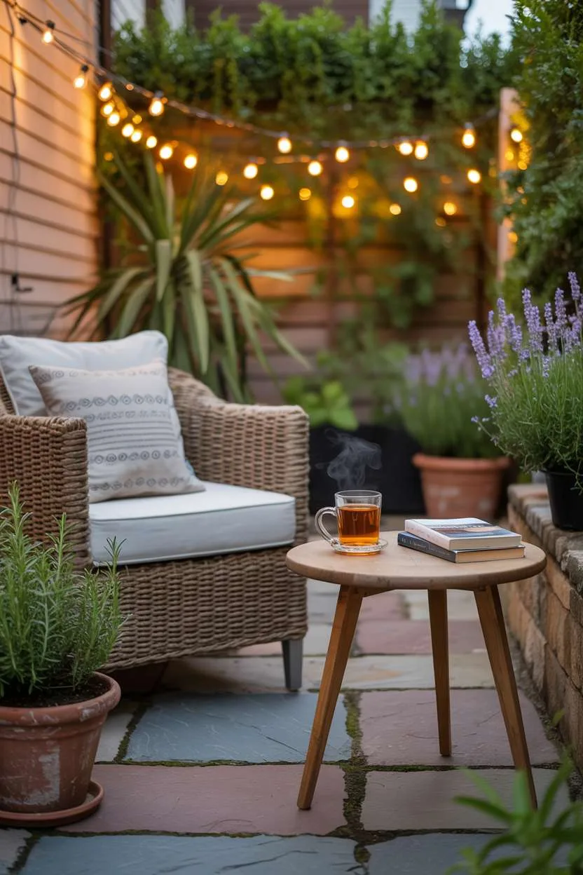 23 Stylish Small Patio Ideas for Cozy Outdoor Vibes 12 Woven armchair with books and tea cup beside lavender plants under warm string lights