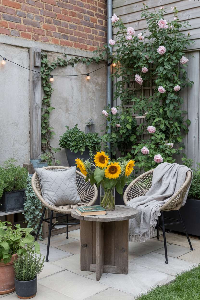 23 Stylish Small Patio Ideas for Cozy Outdoor Vibes 13 Rustic wooden table with sunflowers and "The Secret Garden" book surrounded by herbs and fairy lights