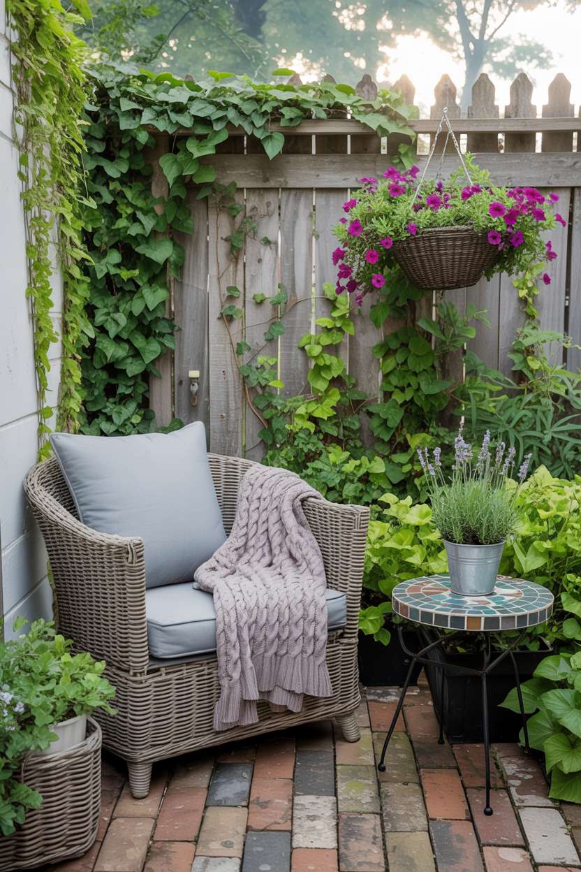 23 Stylish Small Patio Ideas for Cozy Outdoor Vibes 14 Wicker chair with knitted throw beside circular mosaic table and climbing ivy fence