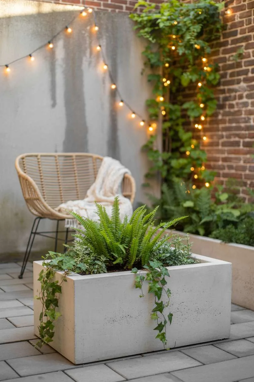 23 Stylish Small Patio Ideas for Cozy Outdoor Vibes 15 Modern concrete planter with ferns and ivy on gray paving stones with rattan chair and fairy lights