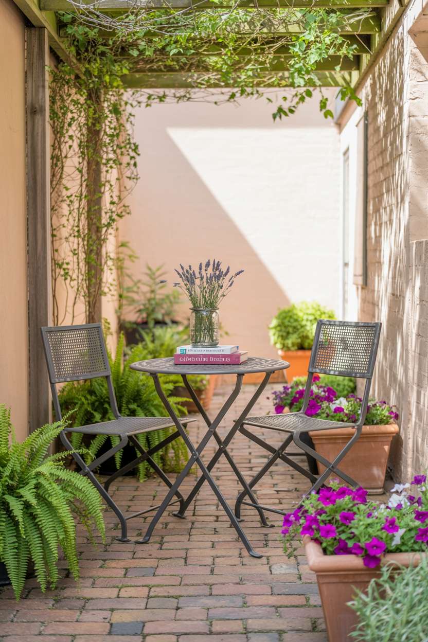 23 Stylish Small Patio Ideas for Cozy Outdoor Vibes 16 Wrought iron bistro set with lavender and books on brick path bordered by ferns and petunias