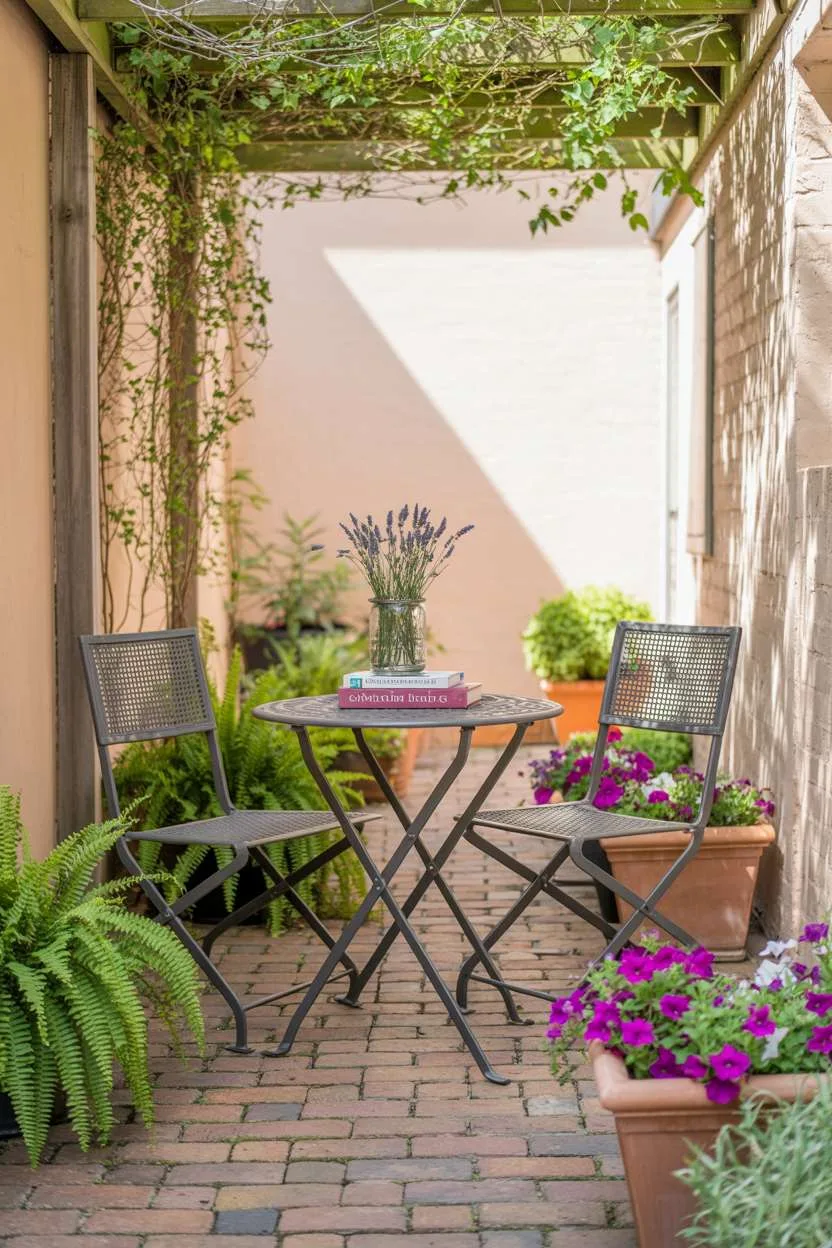 23 Stylish Small Patio Ideas for Cozy Outdoor Vibes 16 Wrought iron bistro set with lavender and books on brick path bordered by ferns and petunias