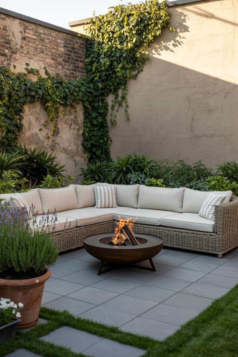 23 Stylish Small Patio Ideas for Cozy Outdoor Vibes 17 Modern sectional sofa around circular fire pit on gray stone patio with lavender plants