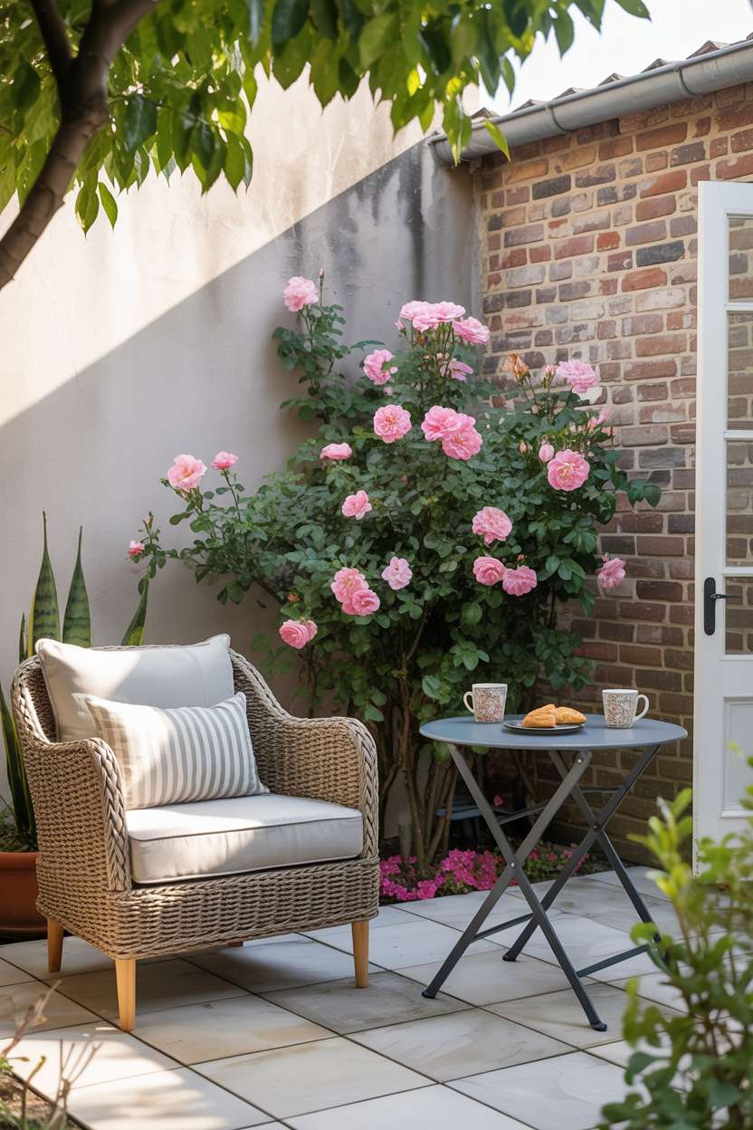 23 Stylish Small Patio Ideas for Cozy Outdoor Vibes 18 Woven armchair with patterned cushions beside bistro table and climbing pink roses on brick wall