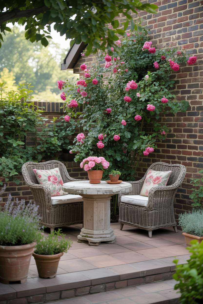 23 Stylish Small Patio Ideas for Cozy Outdoor Vibes 19 Circular stone table with wooden top and wicker chairs surrounded by pink roses and herb pots