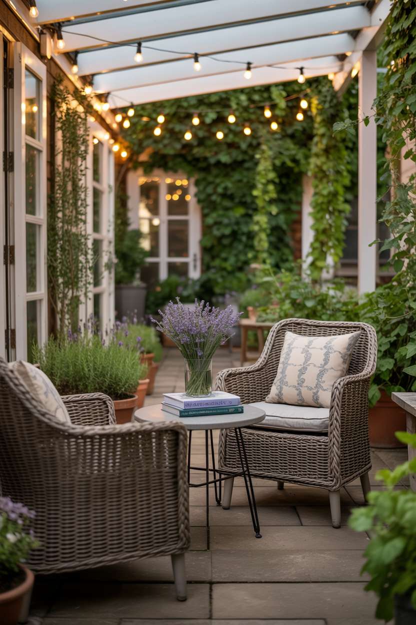 23 Stylish Small Patio Ideas for Cozy Outdoor Vibes 20 Covered patio with wicker chairs, lavender vase and "Secret Gardens" books under string lights