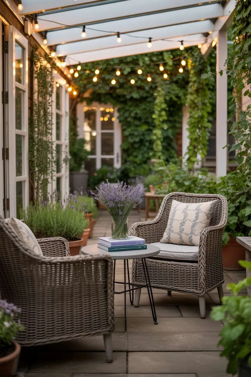 23 Stylish Small Patio Ideas for Cozy Outdoor Vibes 20 Covered patio with wicker chairs, lavender vase and "Secret Gardens" books under string lights
