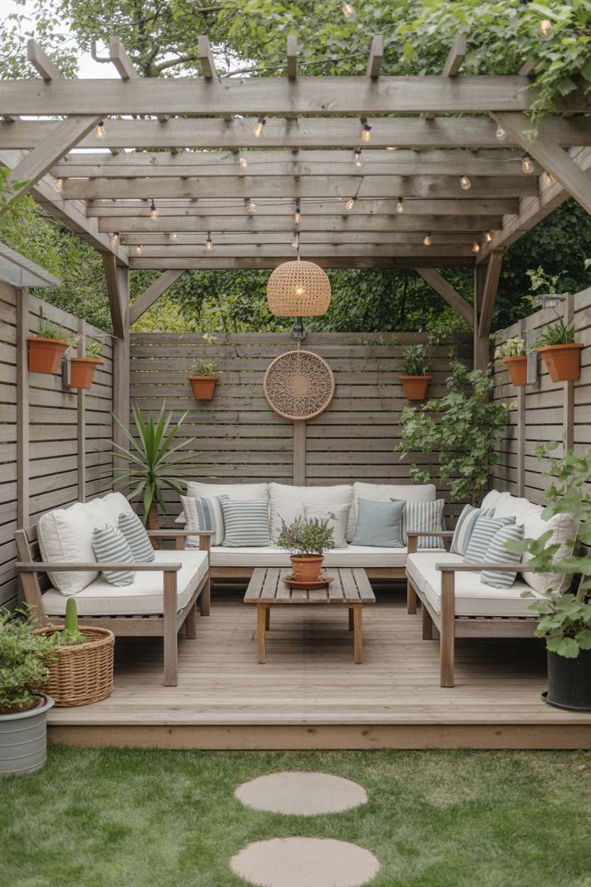23 Stylish Small Patio Ideas for Cozy Outdoor Vibes 21 Wooden pergola with string lights over three armchairs with striped pillows and wall-mounted planters