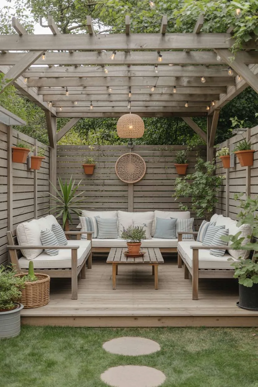 23 Stylish Small Patio Ideas for Cozy Outdoor Vibes 21 Wooden pergola with string lights over three armchairs with striped pillows and wall-mounted planters