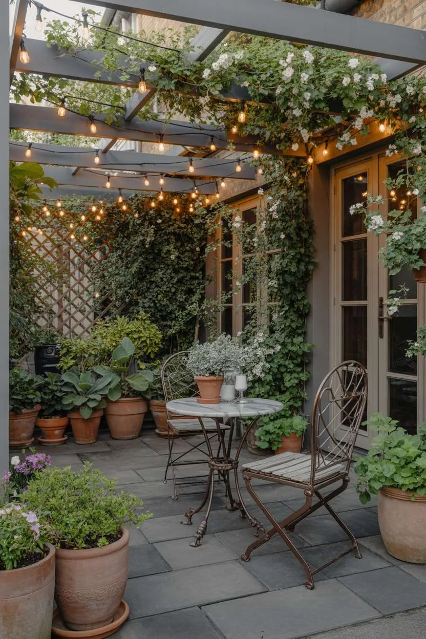 23 Stylish Small Patio Ideas for Cozy Outdoor Vibes 22 Covered patio with lattice roof, bistro set with marble table, and cascading white flowering vines