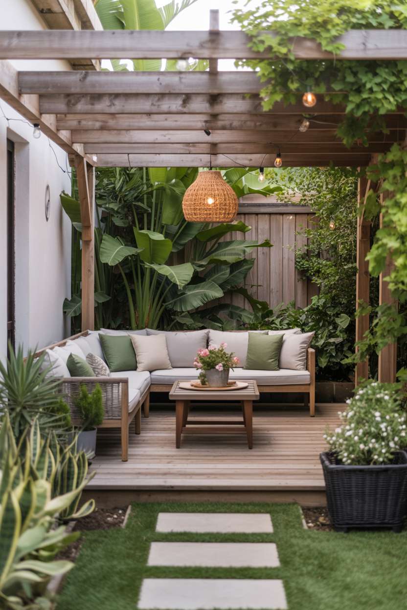 23 Stylish Small Patio Ideas for Cozy Outdoor Vibes 23 L-shaped sectional with sage pillows under wooden pergola surrounded by tropical plants and banana leaves