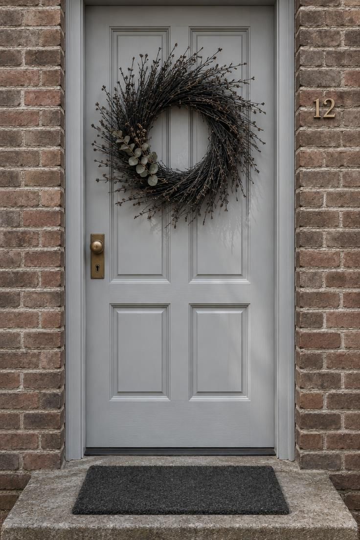 A pale gray front door with a large black twig wreath hung at eye level above a plain charcoal doormat on a narrow concrete stoop.