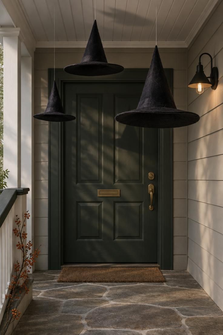 Three black witch hats in graduated sizes hanging at different heights from the ceiling of a small covered stoop with a dark green door behind.