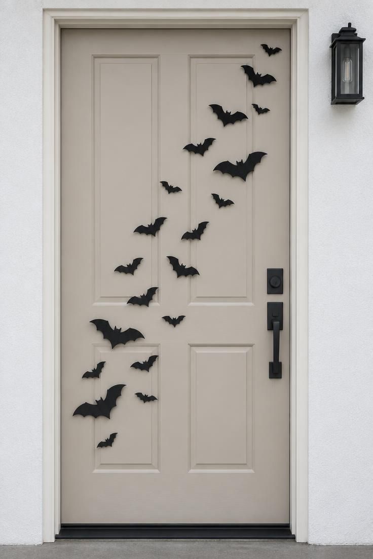 A pale beige front door covered with a diagonal swarm of matte black bat cutouts rising from the lower left to the upper right.