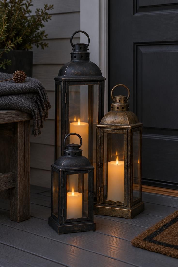 Three black and brass storm lanterns holding glowing battery candles, grouped in a tight cluster on a small covered porch at dusk.