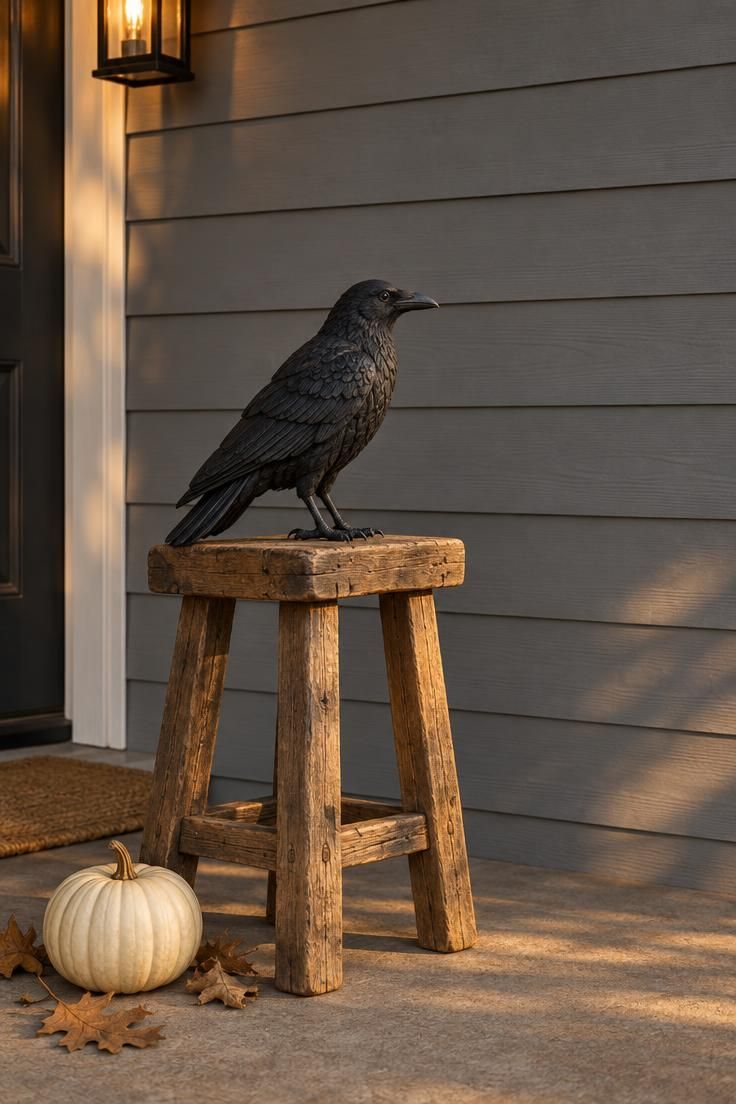 A single black crow figure with detailed feathers perched on a rustic wooden stool beside a cream pumpkin against a gray shiplap wall.