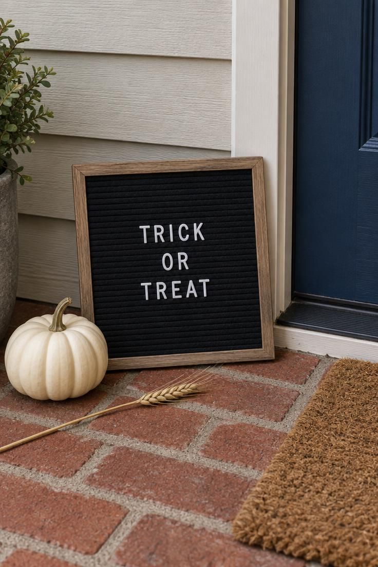 A small black felt letterboard with a white three-word Halloween message leaning against a porch wall beside a cream mini pumpkin on brick.
