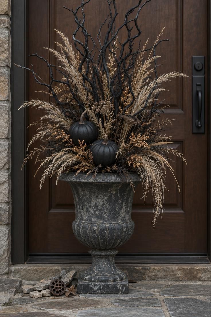 A dark weathered urn filled with black twisted branches, dried grasses, and two black mini pumpkins beside a deep brown front door.