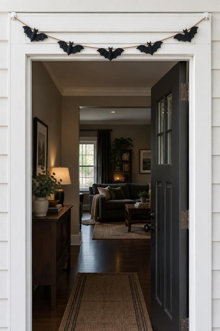A swagged jute string of small flat black felt bats hanging across the top of a narrow white door frame.