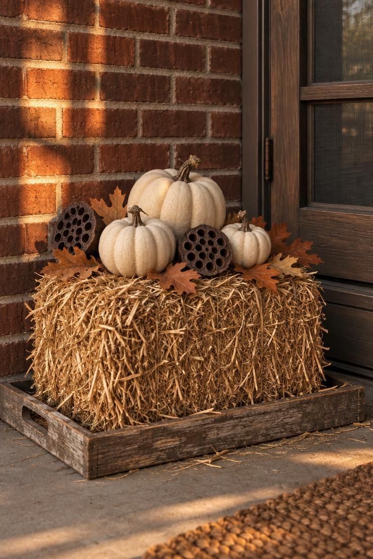 A small hay bale topped with three cream pumpkins, dried lotus pods, and preserved oak leaves on a covered porch against a red brick wall.