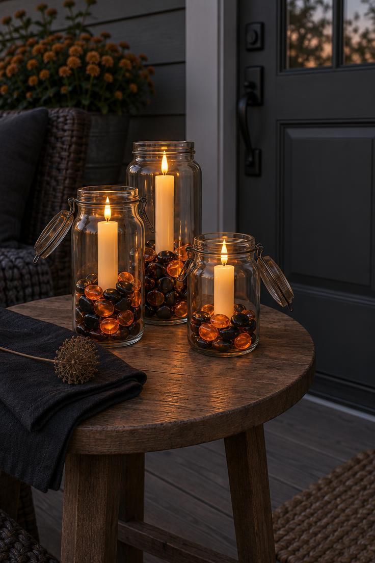 Three glass jars of varying heights filled with black and orange stones and glowing battery taper candles on a small wooden side table.