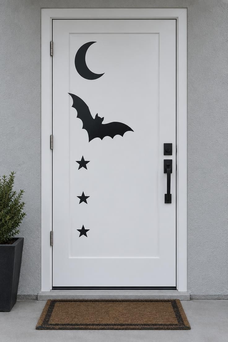 A white front door with black cutouts of a crescent moon, one large bat, and three stars arranged in a vertical column near the hinge.